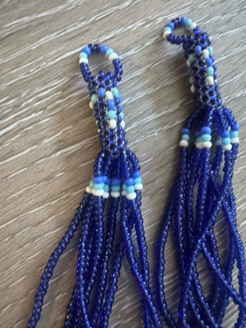 Beaded tassels constructed of blue and white small glass beads jewelry making - Picture 2 of 3